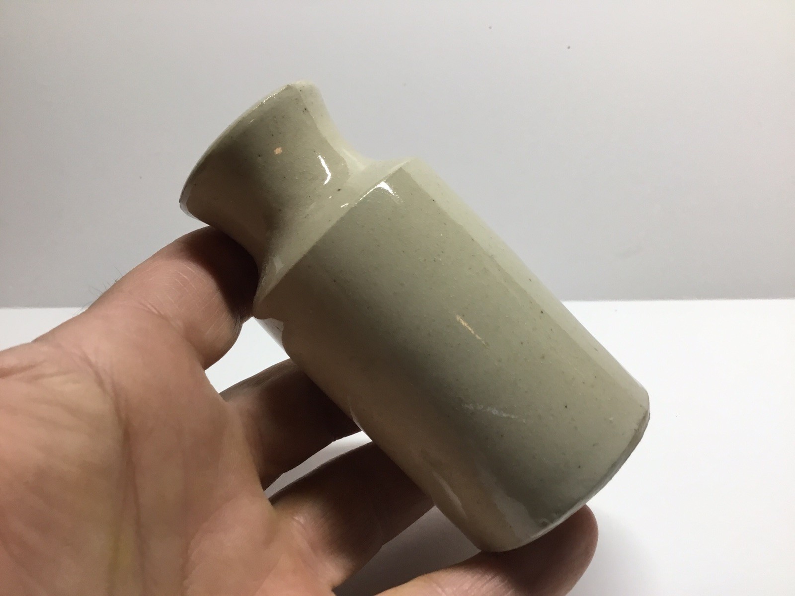 Small Antique Off White Stoneware Blacking / Polish Bottle.