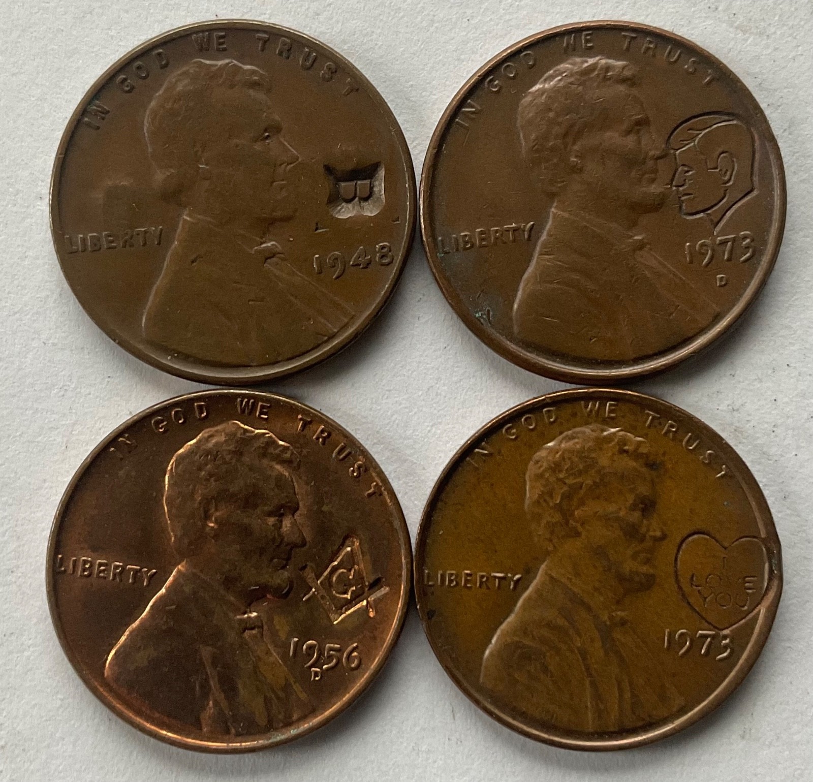 (4) LINCOLN WHEAT & MEMORIAL CENT OBVERSE STAMPED=KENNEDY-MASON-I LOVE YOU