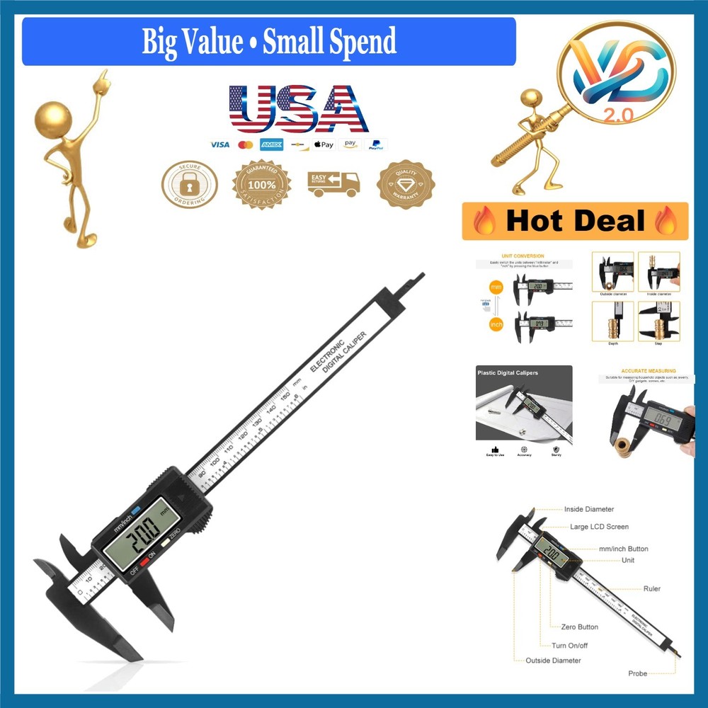 Digital Caliper 6 Inch LCD Screen Auto-Off Plastic Measuring Tool