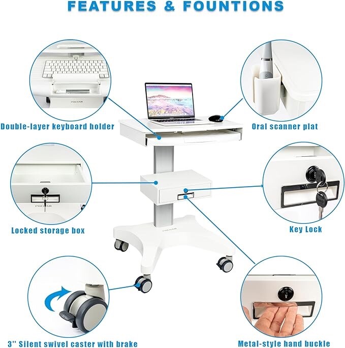MEDICAL TROLLEY WITH LAPTOP PALLET AND ORAL SCANNER HOLDER