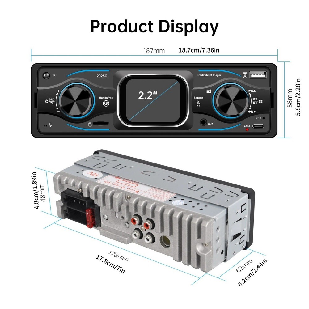 MP3 Car Radio with Steering Wheel Control, Bluetooth A2DP USB TF Card Reader