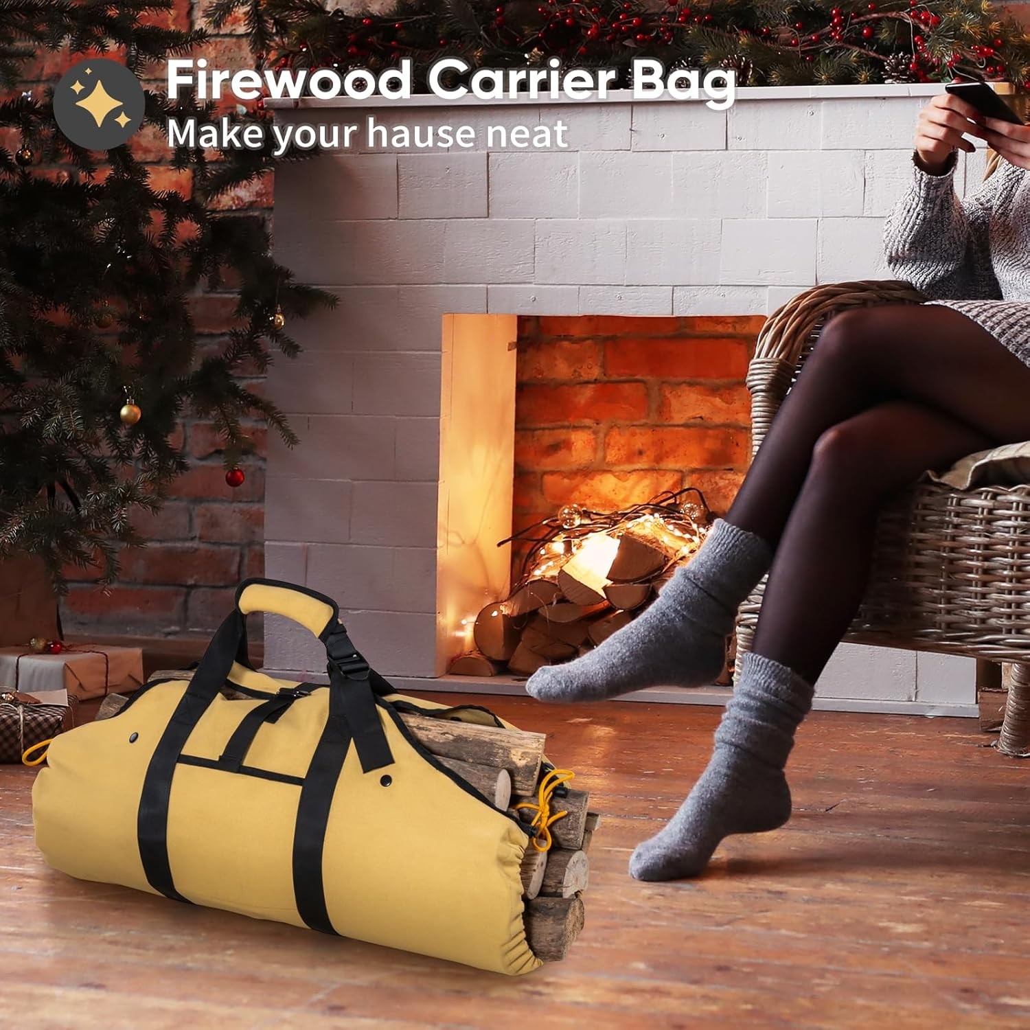 Firewood Carrier Waxed Canvas Log Carrier Sturdy Firewood Bags Heavy Duty Firewo