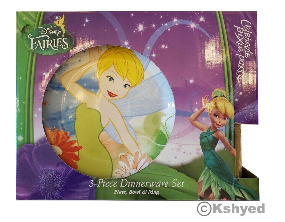 Disney Pixie Fairies Tinkerbell Ceramic 3 Piece Dinnerware Set- New - Free Ship