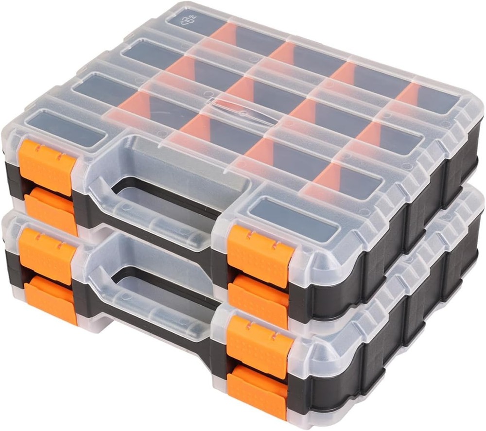 2 Pack Double Side Tool Box, 34-Compartments for Hardware, Screws, Bolts, Nails