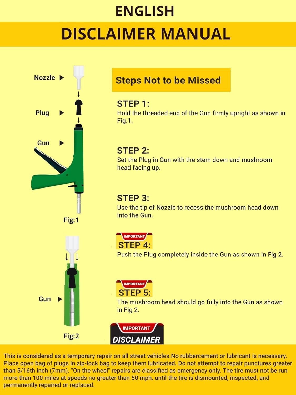 GRAND PITSTOP Tubeless Tire Gun Puncture Repair Kit with Mushroom Plug for Tyre