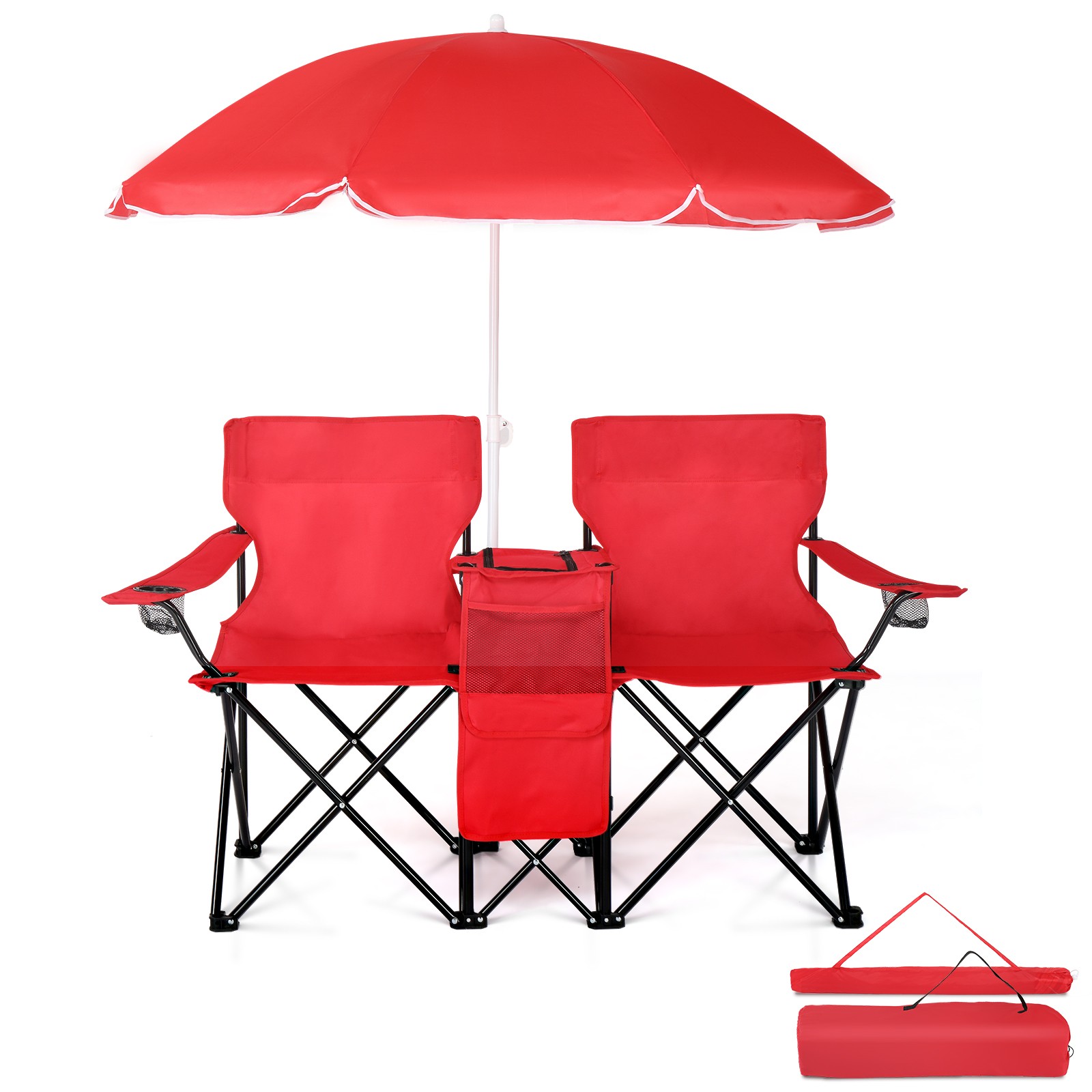 Folding Camping Outdoor Picnic Double Chair with Umbrella Table Cooler Beach New