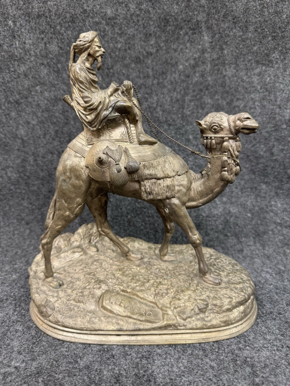 AGATHON LEONARD Antique Bronze Sculpture ~ Arab on Camel Art Signed Rider A 10”