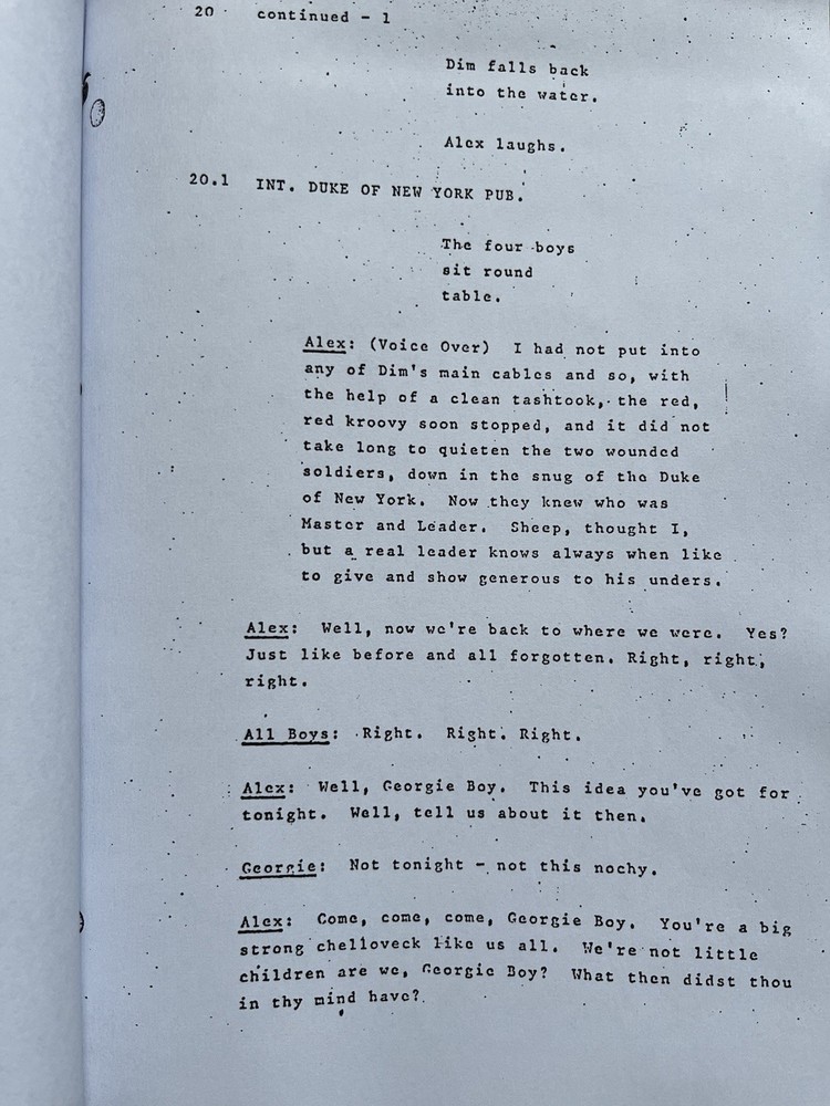 A Clockwork Orange Film Script. Malcolm McDowell, Adrienne Corri.
