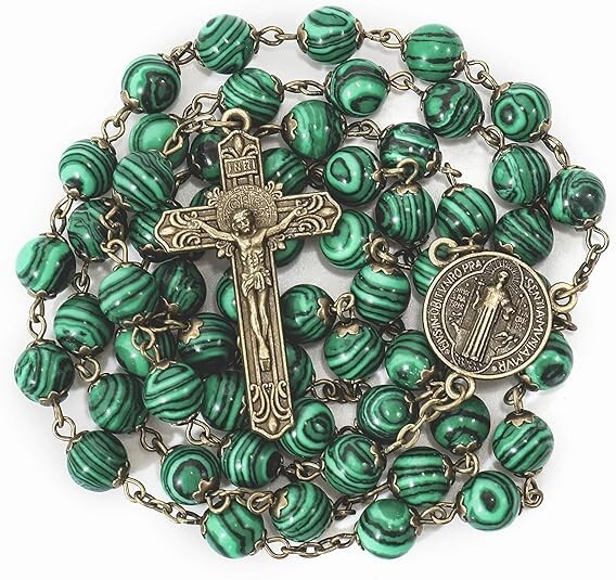 Natural Malachite Stone Rosary Beads Necklace St. Benedict Cross and Medal