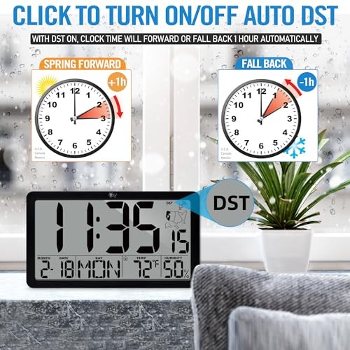 Atomic Digital Wall Clock, Battery Operated with Temperature & Black -Atomic