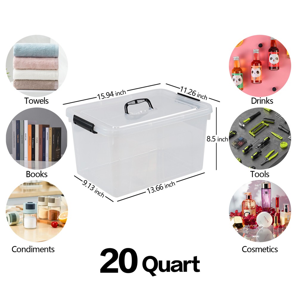 20 Quart Latching Storage Box, Stackable Bin with Latch Lid & Handle, 4/6 Pack