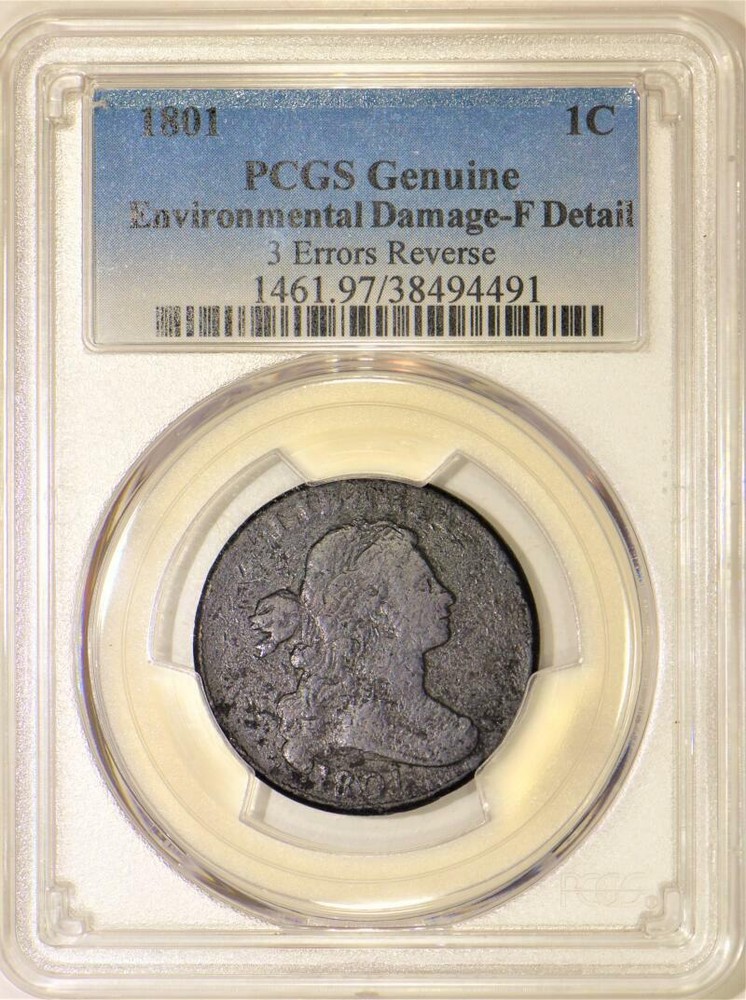 1801 Three Errors Reverse Draped Bust Large Cent PCGS-F Details