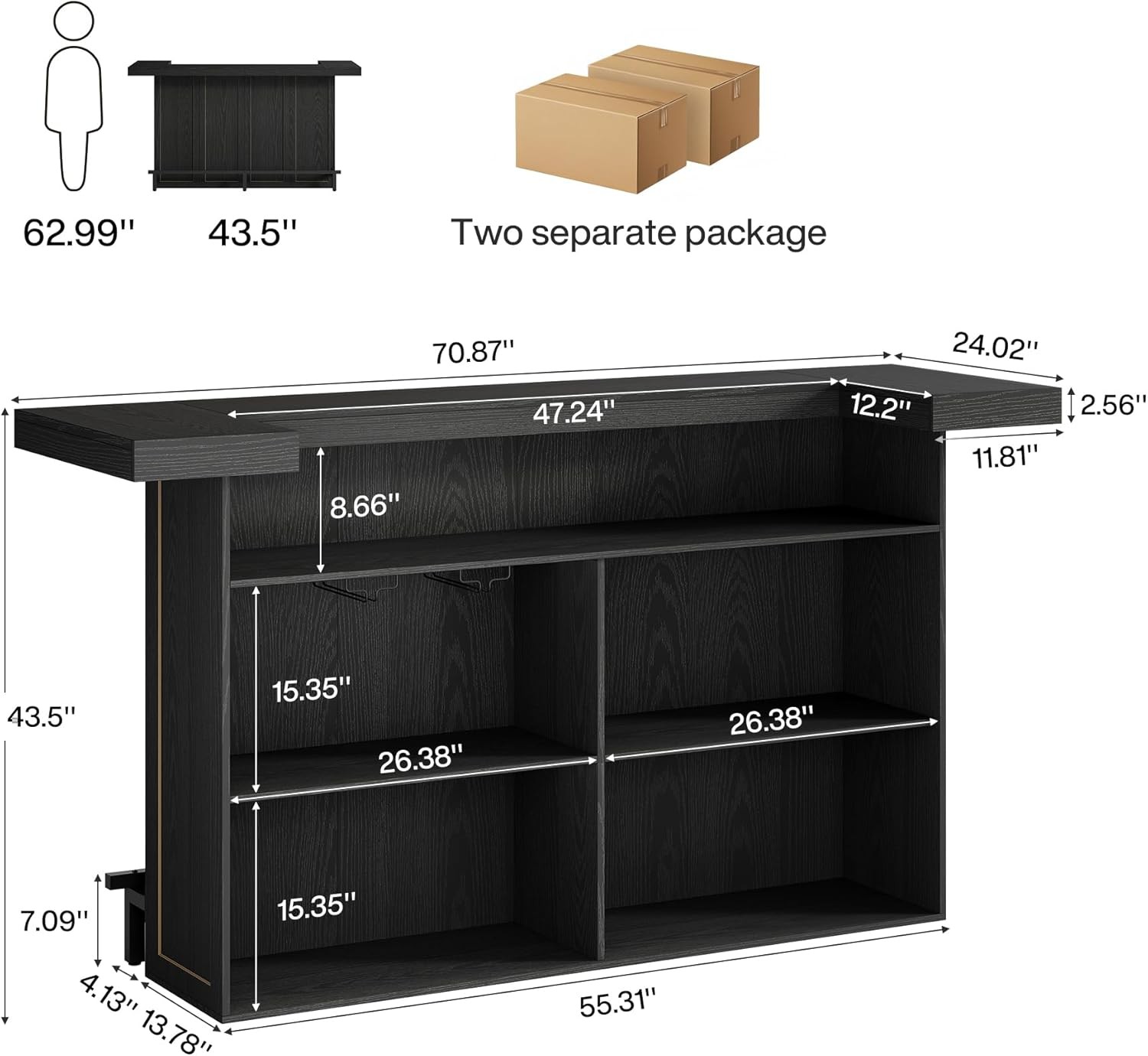 70.9-Inch Black Bar Table, Large Wooden Home Bar Unit Table for Small Spaces