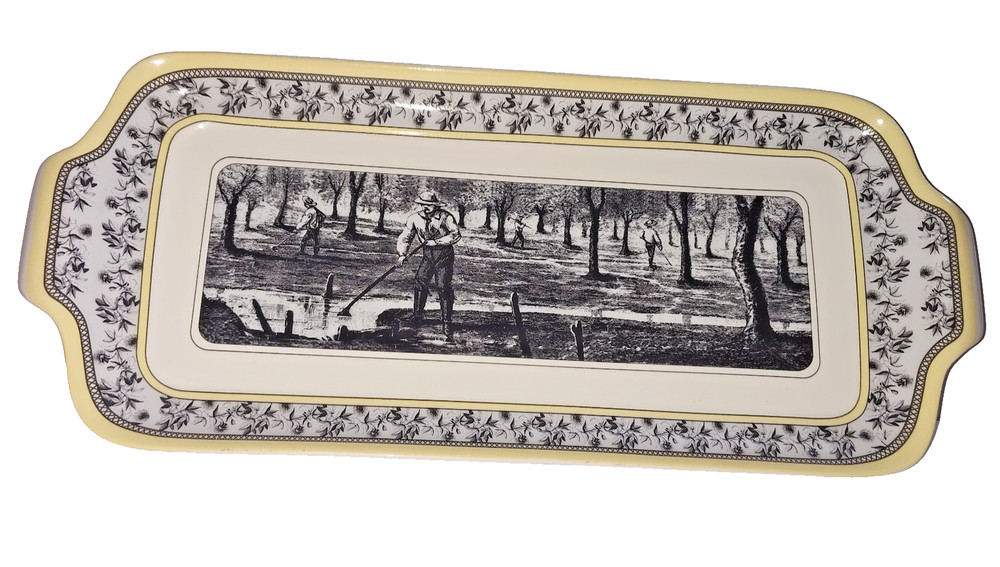 DesignPac Long Rectangular Ceramic Serving Tray Platter Black White Handle Sides