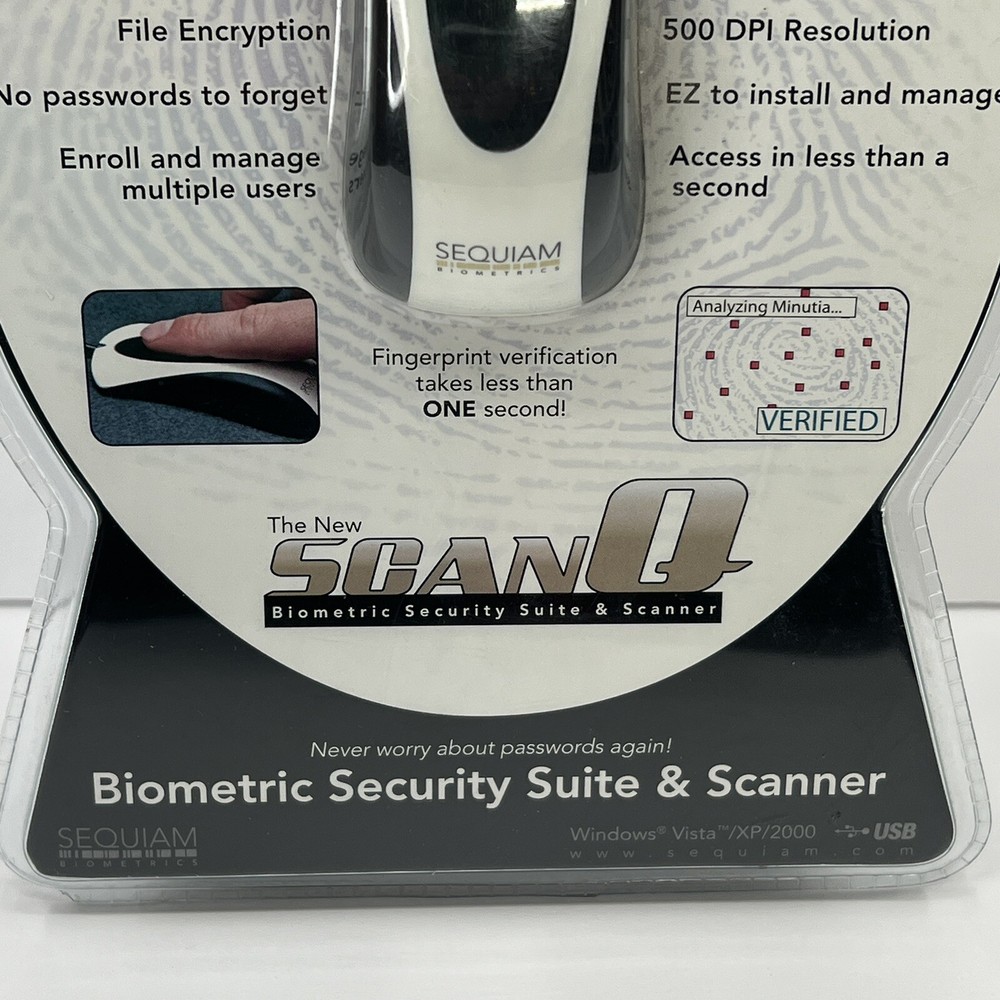 Sequiam ScanQ Biometric Fingerprint Scanner USB Windows Vista XP 2000 New Sealed