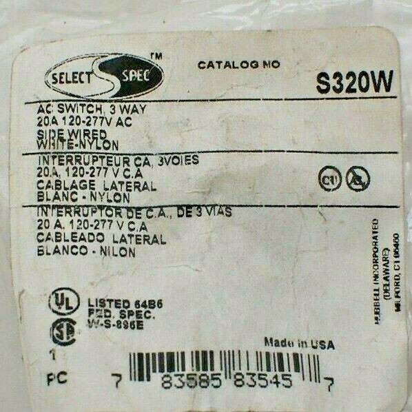 Hubbell Select Spec S320W 3-WAY AC Switch