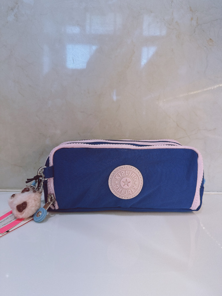 NEW Kipling Gitroy Pencil Case Cosmetic Case Blush blue Monkey Charm
