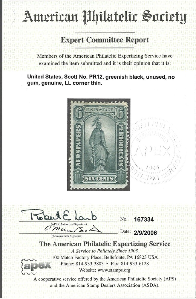 PR12 Newspaper Stamp NG, APS cert