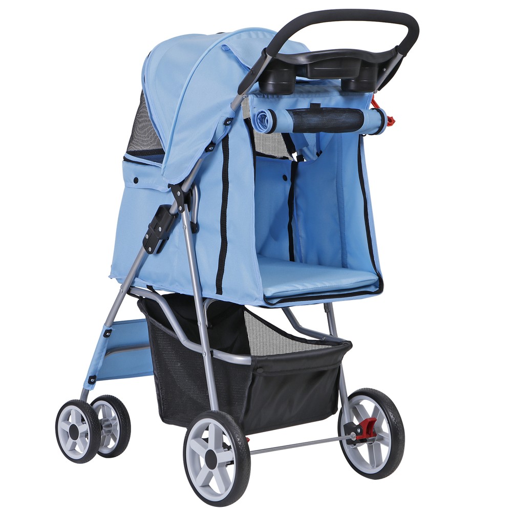 4 Wheels Pet Stroller Cat Stroller w/Foldable Carrier Cart & Cup Holder Blue