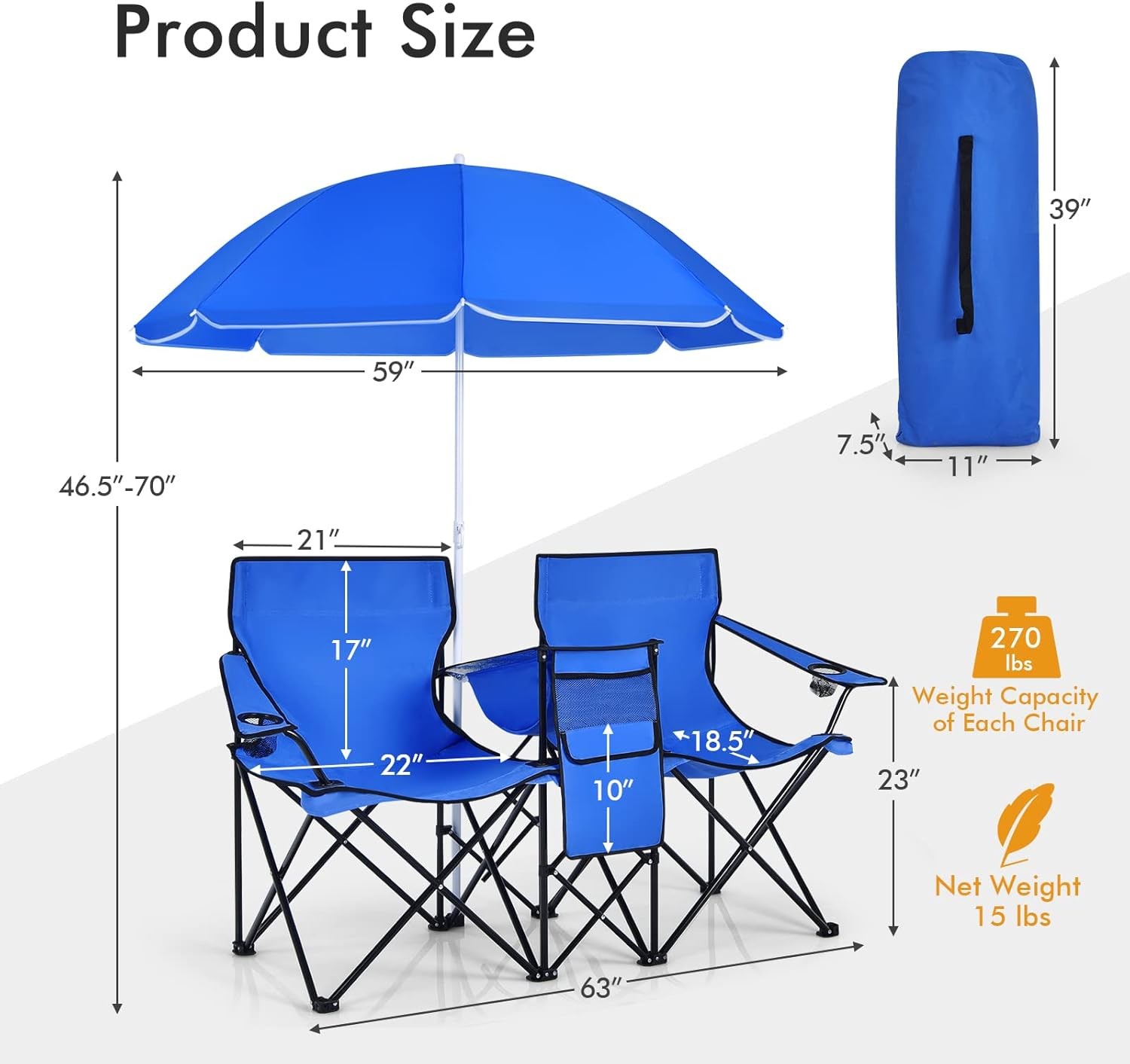 Folding Camping Outdoor Picnic Double Chair with Umbrella Table Cooler Beach New