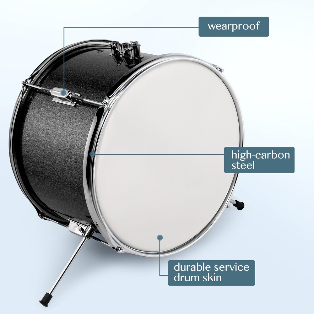 5-Piece Junior Drum Set, Beginner Percussion Kit with Stool and Stands Black