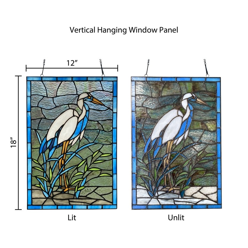 18" White & Blue Crane Stained Glass Window Panel