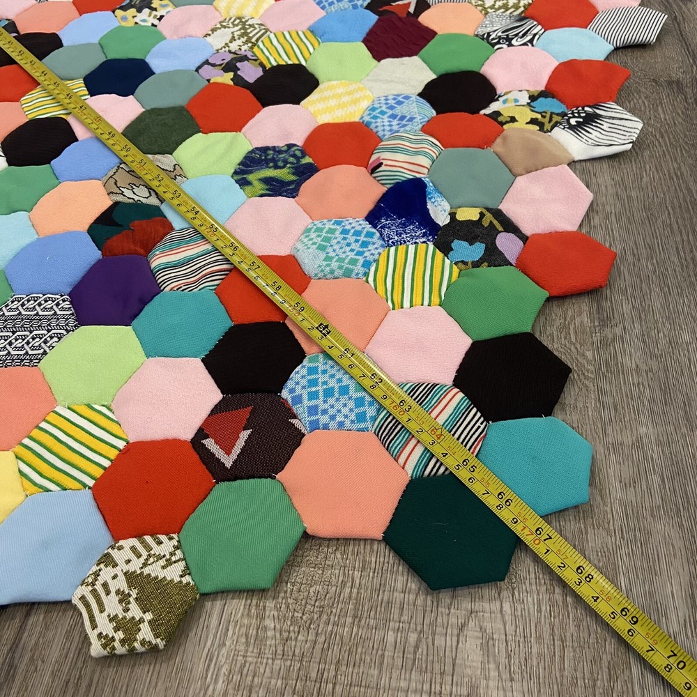 Vintage Patchwork Quilt w Hexagon Pattern Hand Made Hand Stitched Retro
