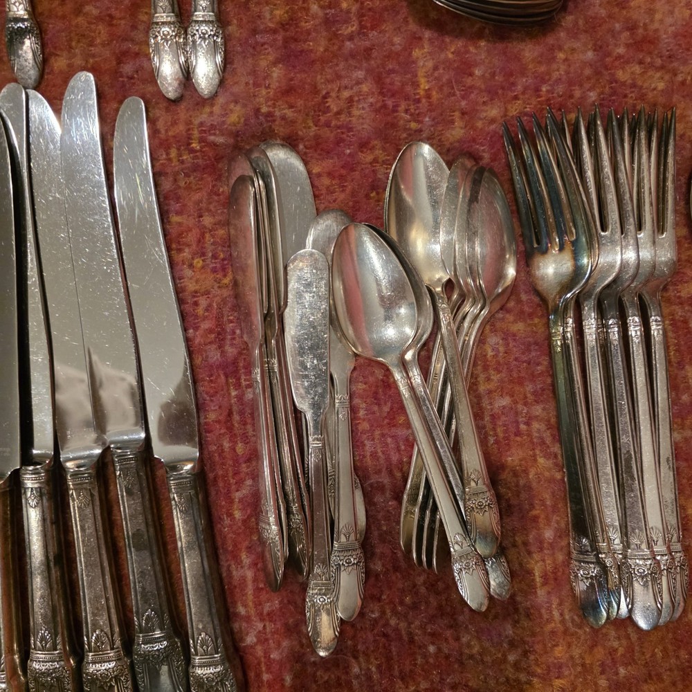 58 piece set 1847 Rodger Bros Silverplate Flatware First Love Pattern 1937-1973