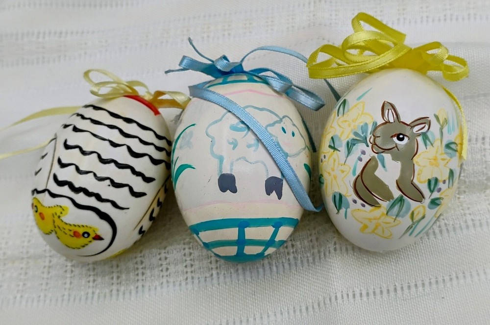 Hen Eggs Hand Painted Easter Shells Chicken, Lamb, Rabbit Ornaments