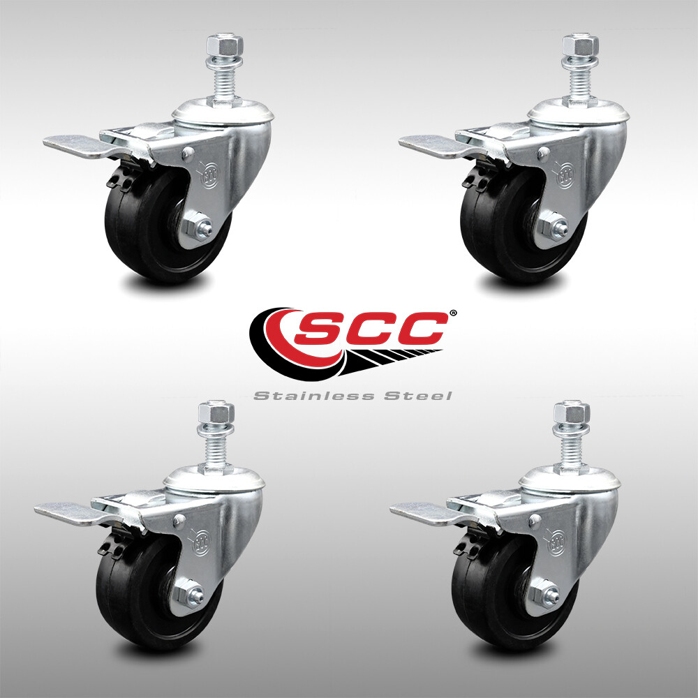 3.5 Inch SS Soft Rubber 10mm Threaded Stem Caster Set Total Lock Brake SCC
