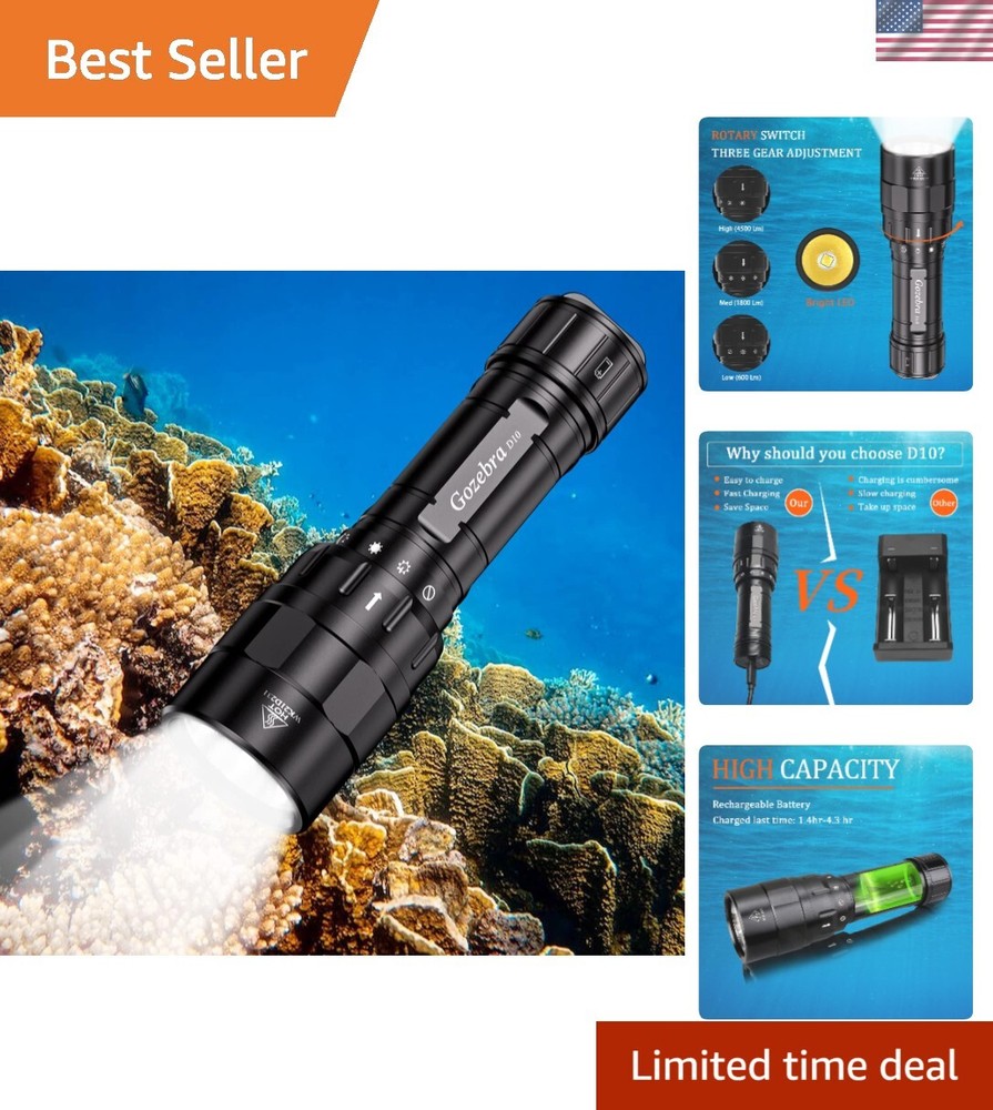 D10 4500 Lumen Underwater Light, 3 Modes Dive Light Scuba Diving Flashlight D...