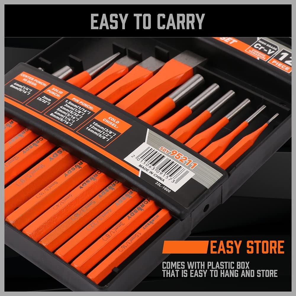 Punch and Chisel Set 12-Piece include Cold Chisels Pin Center