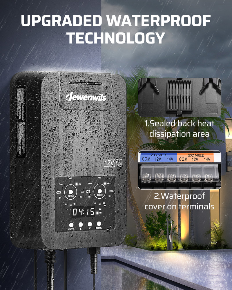 DEWENWILS 200W Low Voltage Landscape Transformer 2 Zone Timer Photocell