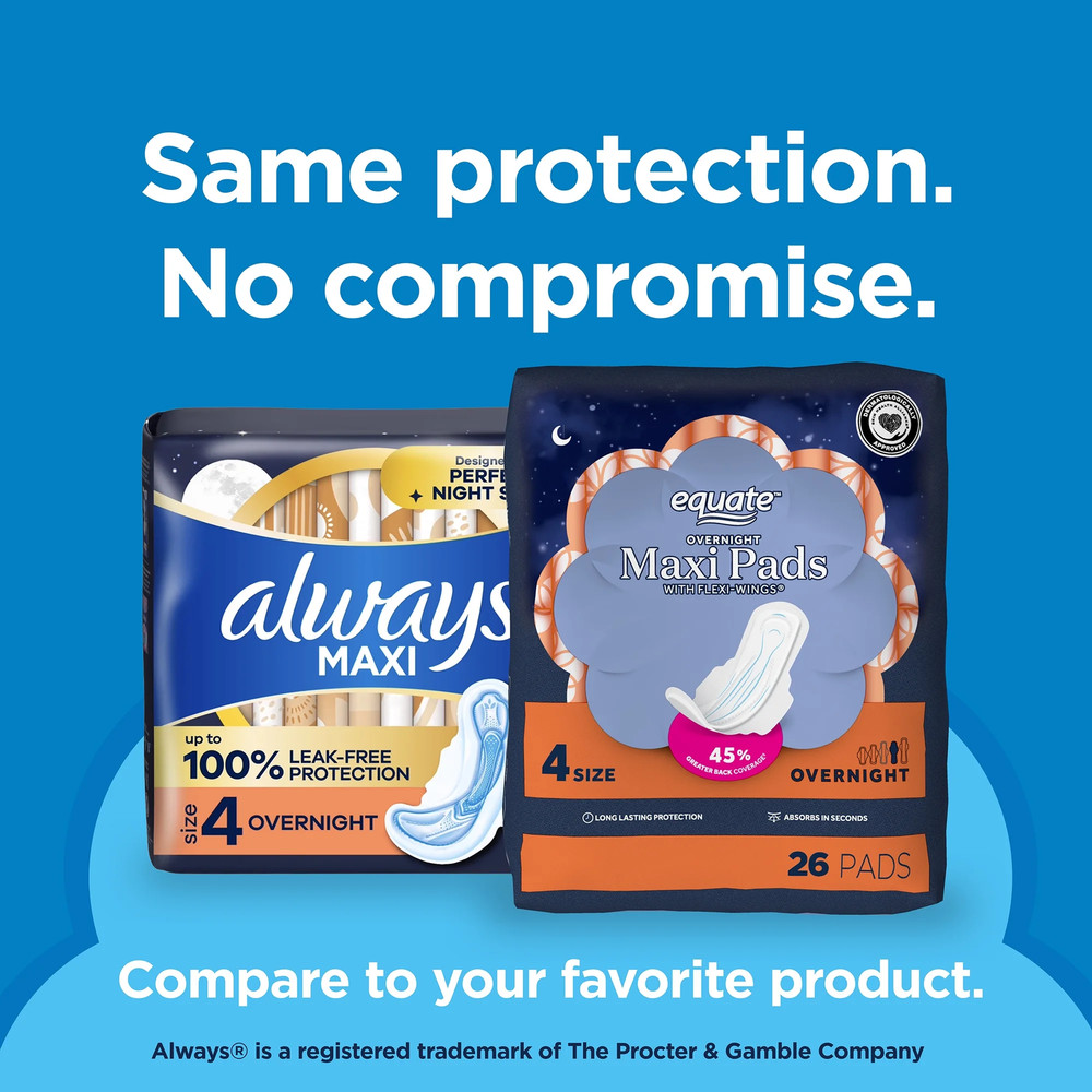 Equate Maxi Pads with Wings, Size 4, Overnight Absorbency, Compare to Always® (2