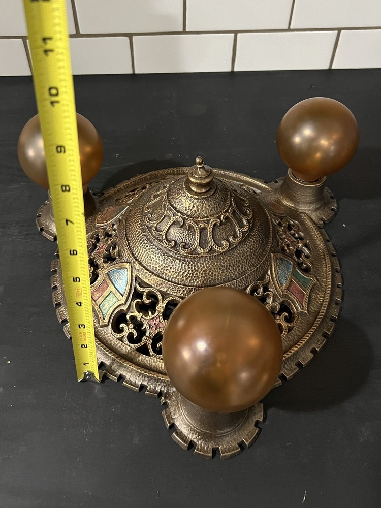 Antique polychrome three bulb flush mount ceiling fixture 33B