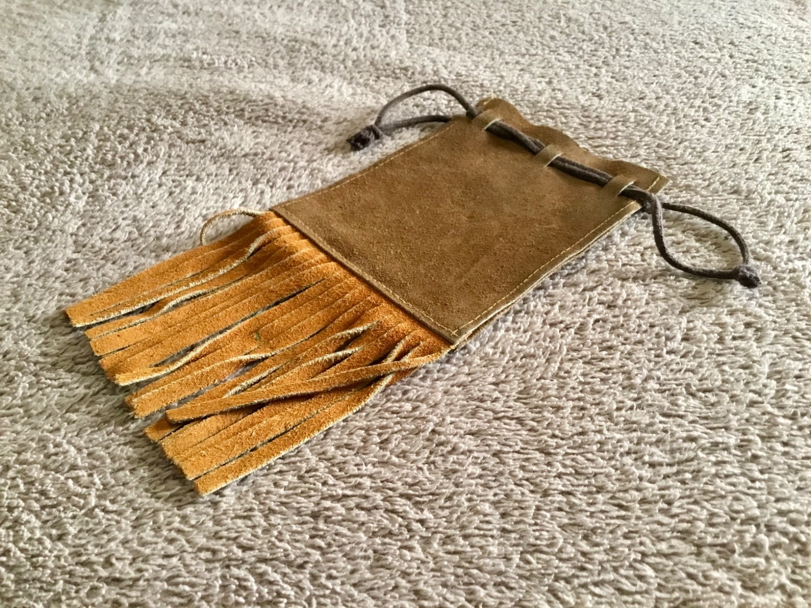 Vintage 1970's Brown Leather Drawstring Stash Pouch With Fringe