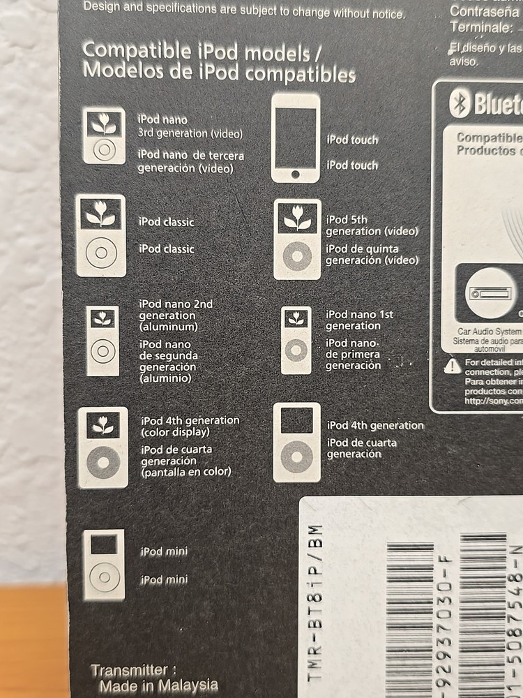Sony Bluetooth Wireless Transmitter for iPod Black (TMR-BT8iP) Nano Classic Mini