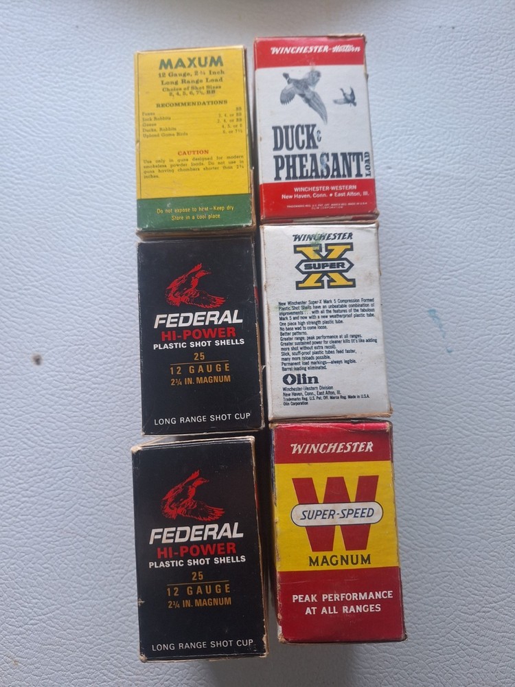 (6) VINTAGE Shotshell boxes, EMPTY, 12 ga., FREE FREIGHT