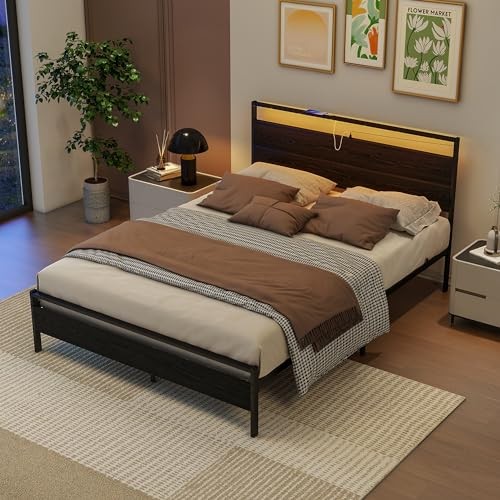 Bed Frame,Size Metal Platform Bed Frame with Storage & LED Light Queen Black