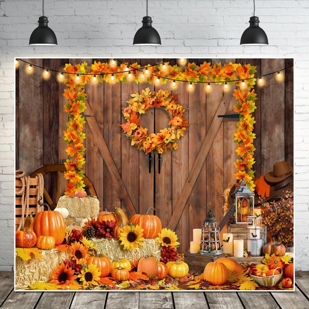 Fall Thanksgiving Backdrop 10x8ft Rustic Barn Autumn Pumpkin Haystack Friends...