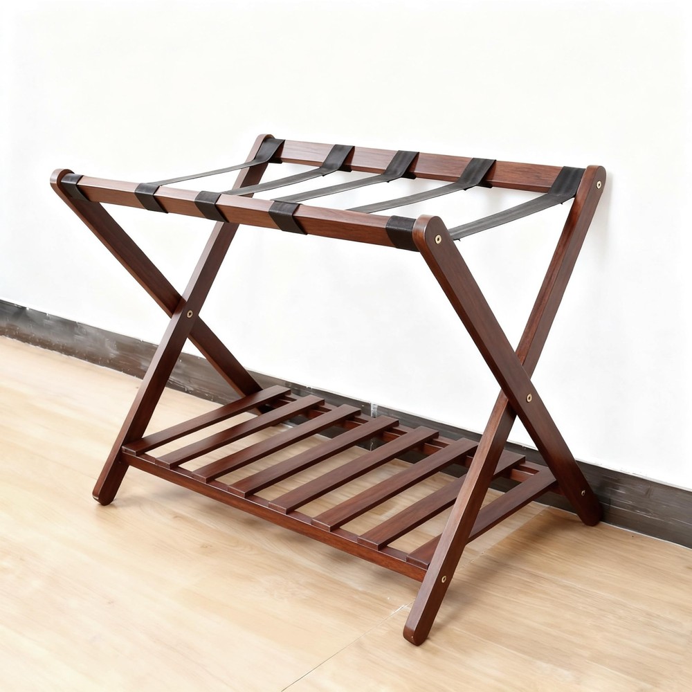 Stylish Solid Wood Luggage Rack with Shelf - Foldable Suitcase Stand