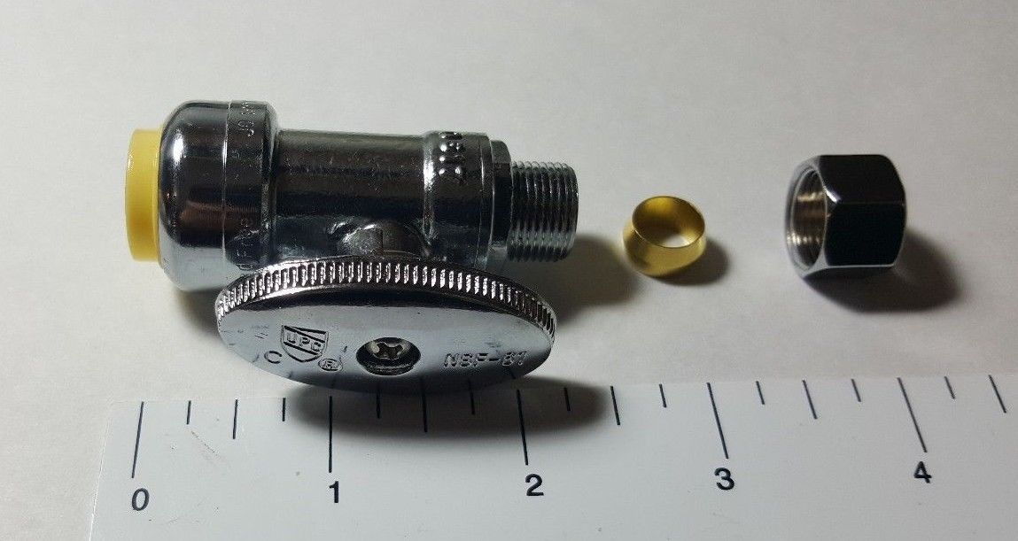 5 PIECES 1/2" PUSH FIT X 3/8" OD STRAIGHT STOP VALVE. 1/4-TURN. METAL HANDLE
