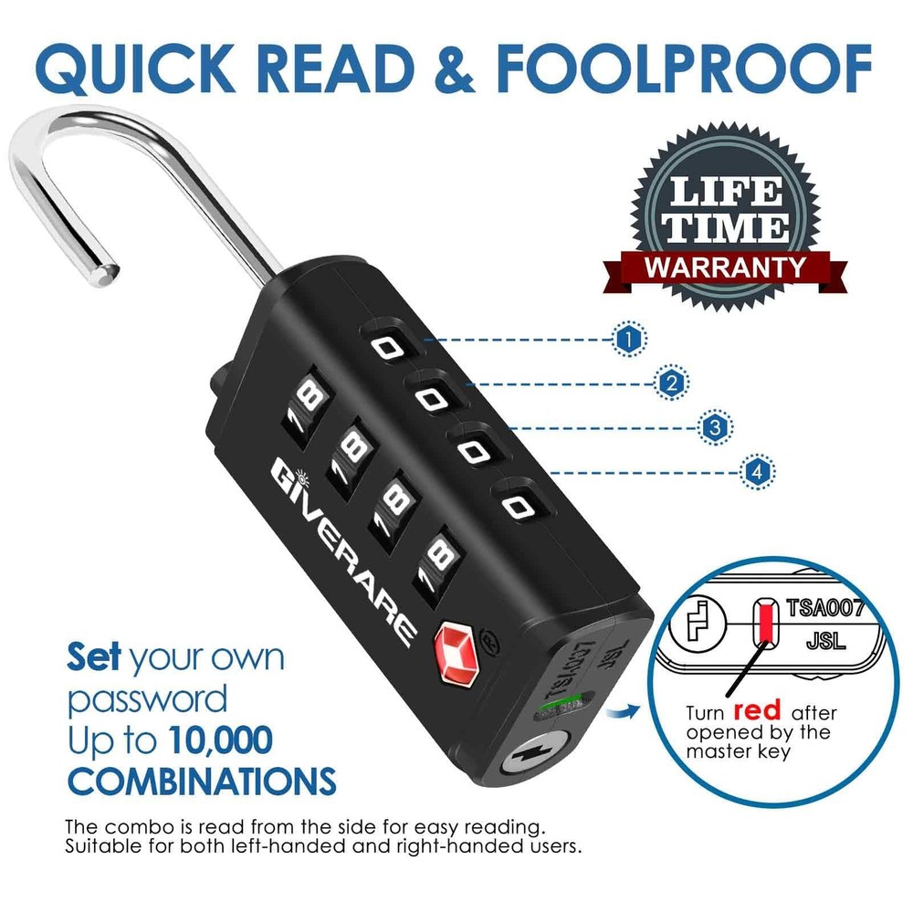 4 Pack TSA Approved Luggage Locks 4-Digit Combination Open Alert Keyless Black