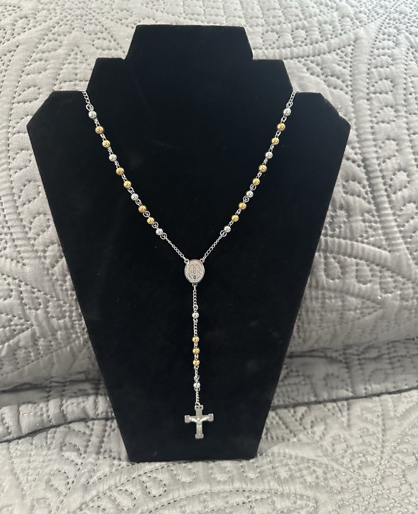 Rosary Style Necklace Stainless Steel Gold and Silver 18"