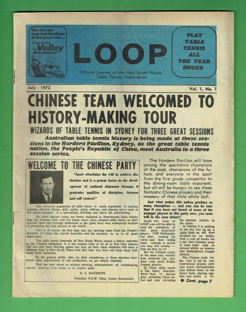 #T66.    LOOP TABLE TENNIS PROGRAM - JULY 1972,  AUSTRALIA V CHINA