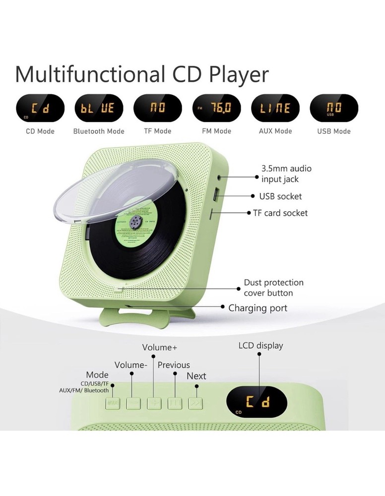 Portable CD Player with Bluetooth Desktop CD Player for Home CD Music Green