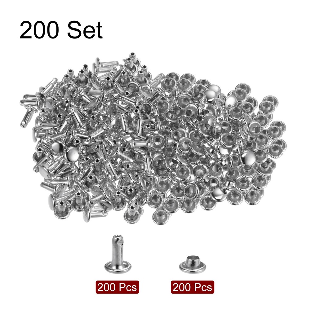 200 Sets Leather Rivets 6mm x 8mm with 3 Setter Tools Silver Tone