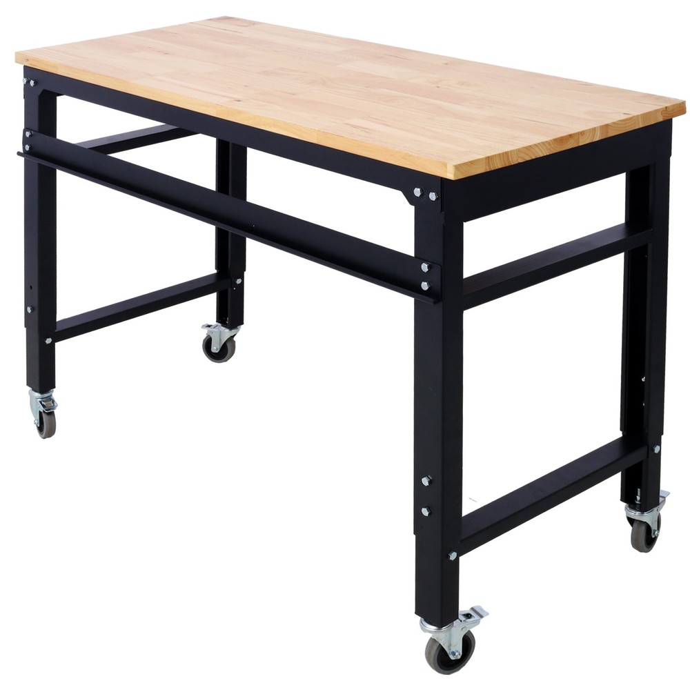 48" Wide Adjustable Height Rolling Workbench with Rubber Wood Top