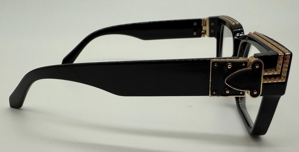 Black Designer-Inspired E Eyeglasses w/ Gold Detailing