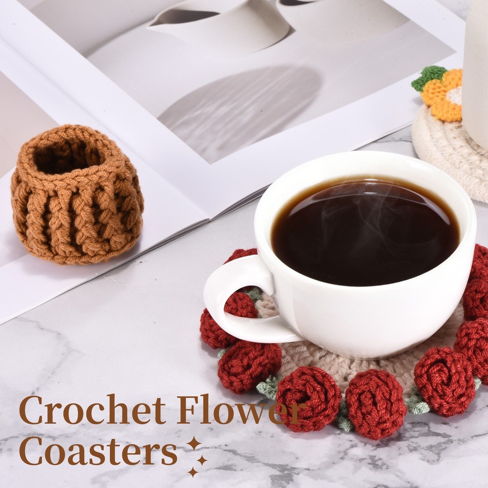 Crochet Flower Coasters, Coasters with Mini Basket, Red
